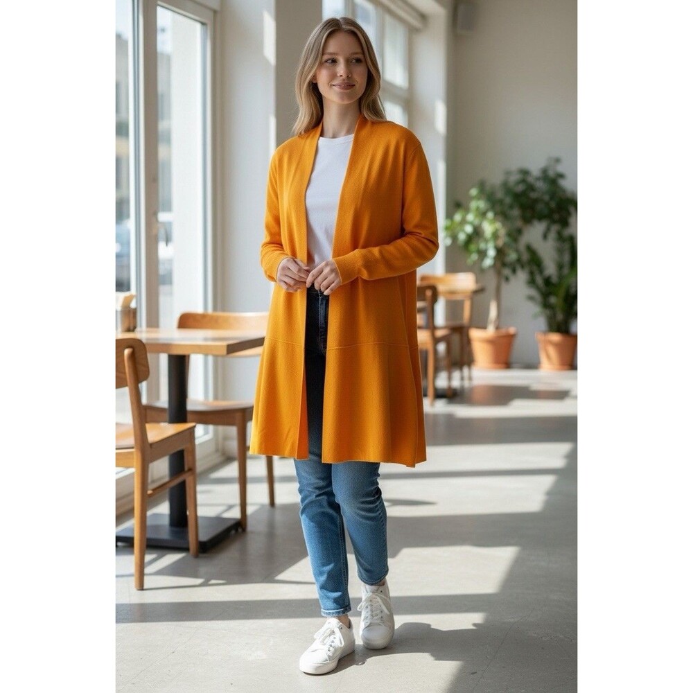 NWT Ann Klein SZ M‎ Yellow Lightweight Spring Luxe Open Long Cardigan Duster $99
